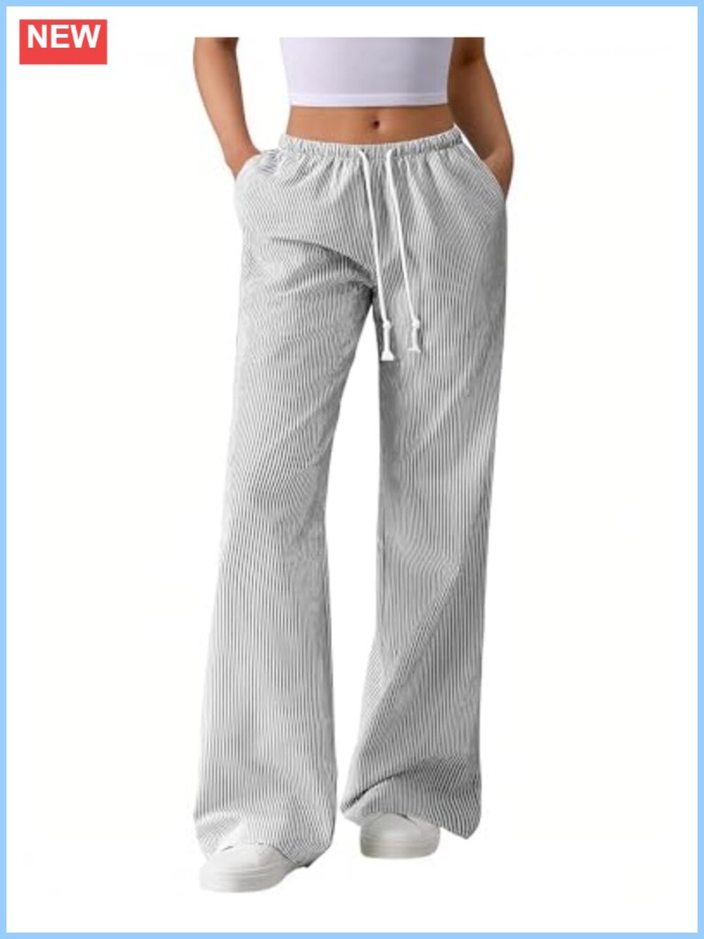 Striped Wide Leg Palazzo Pants Elastic Waist Drawstring